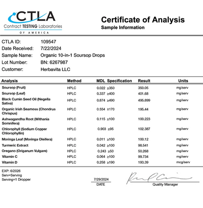 Gotas de extracto de guanábana 10 en 1 100 % orgánico